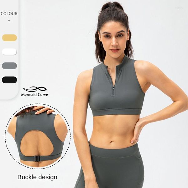 Yoga Outfit Demi Fermeture Éclair Col Charmé Sport Top Ourlet Boucle Gris Blanc Jaune Femmes Réservoir Antichoc Push Up Fitness Running Workout Bras