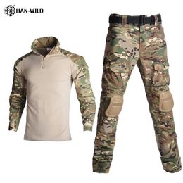 Yoga-outfit HAN WILD Tactische gevechtscamouflage Outdoor Airsoft Paintballkleding Militair uniform Shirts Cargobroek Elleboogkniebeschermers Pakken 231012