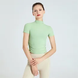 Tenue de yoga col haut mince tennis à manches courtes haut stretch femme gym t-shirt couleur unie course vêtements de fitness