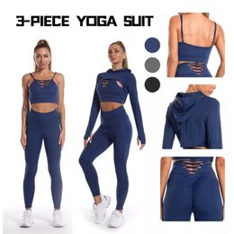 Yoga Outfit Hohe Qualität 3Pcs Nahtlose Frauen Set Gymnastik Kleidung Fitness Frau Trainingsanzüge Anzug Mit Kapuze Sportswear Anzüge