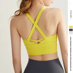 Tenue de yoga Soutien-gorge de sport à haute résistance avec coussinet de poitrine fixe Séchage rapide Beau dos Vêtements de fitness Courir Gilet mi-long