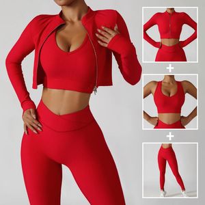 Yoga Outfit Veste Sports Bra Leggings 3 pièces Ensemble Survêtement Femme Rouge Bleu Côtelé Entraînement Gym Push Up Sportswear Costume pour Fitness 231005