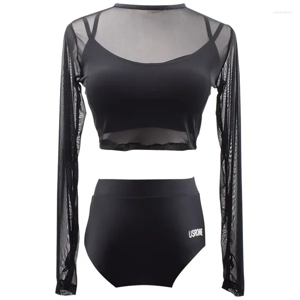 Yoga Outfit Style coréen Bikini Maillot de bain Femme Trois pièces Noir Mesh Transparent Printemps