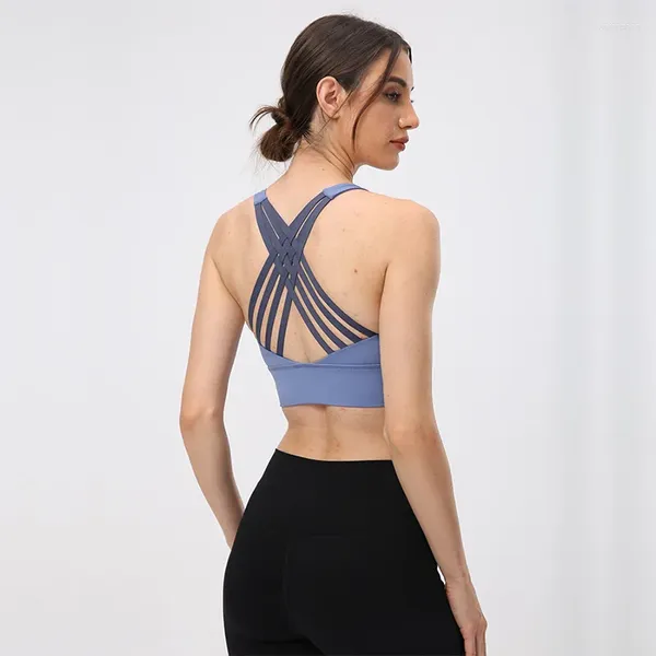 Yoga Outfit Logo Soutien-gorge de sport Cross Strappy Support moyen Coussin amovible pour femmes Débardeurs d'entraînement Tops d'exercice Sportswear Gym Wear
