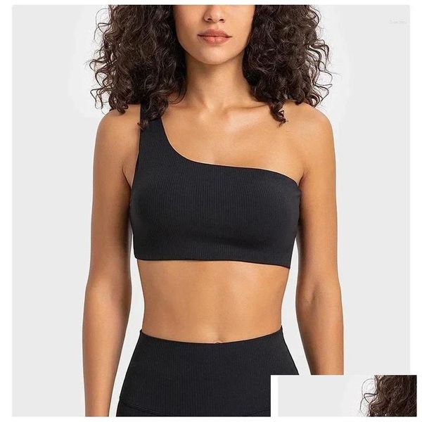 Yoga Outfit Logo Femmes Sports Bra Gym Fitness Sport Vest Single Shoder Strap Sous-vêtements côtelés Entraînement en plein air Débardeur Sportswear Drop Otghp