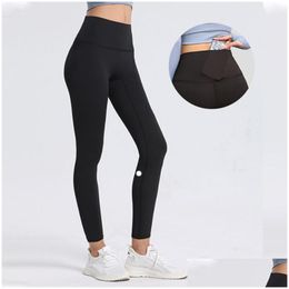 Yoga Outfit Lu-2023 Lycra Tissu Solide Couleur Femmes Pantalons Taille Haute Sport Gym Porter Leggings Élastique Fitness Lady Pantalons En Plein Air Dro Otqg6