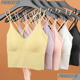 Yoga-Outfit Lu Align Lemon Beauty Camisoles Tanks Ice Silk Back Sport-BHs Frauen Kreuzgurte Top Wireless Unterwäsche Pushup Female Lin Dhkg1