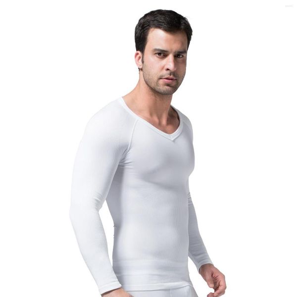 Yoga Outfit Sous-vêtements thermiques pour hommes sans couture col en V corset à manches longues dans le corps serré ventre correction de la posture soutien-gorge de sport compressé