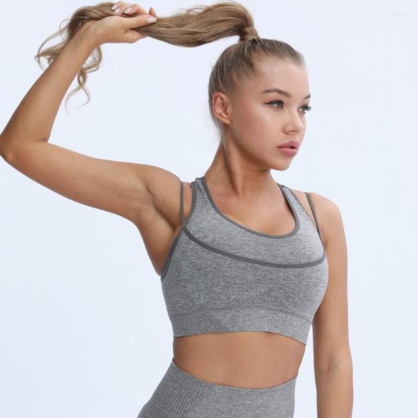 Traje de yoga Nepoagym Mujeres Sin costuras Strappy Sport Bra Doble Capa Soporte Medio Acolchado extraíble para entrenamiento