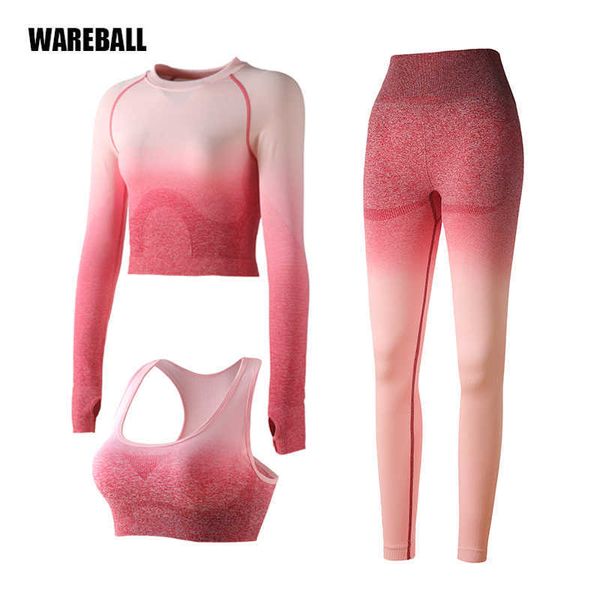 Yoga Outfit Ombre Femmes Yoga Set Leggings Sans Couture À Manches Longues Crop Top Soutien-Gorge De Sport Pantalon De Course Gym Vêtements Fitness Workout Costume De Sport P230504