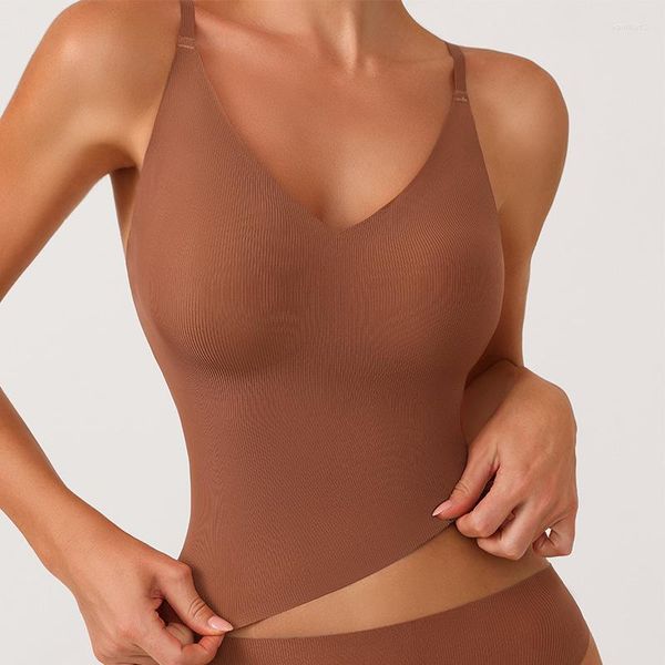 Atuendo de Yoga, sujetadores deportivos de una pieza, camisola para mujer, cuello en V, sin rastro, belleza desnuda, espalda, ropa interior de Fitness, Tops, chaleco cómodo Sexy