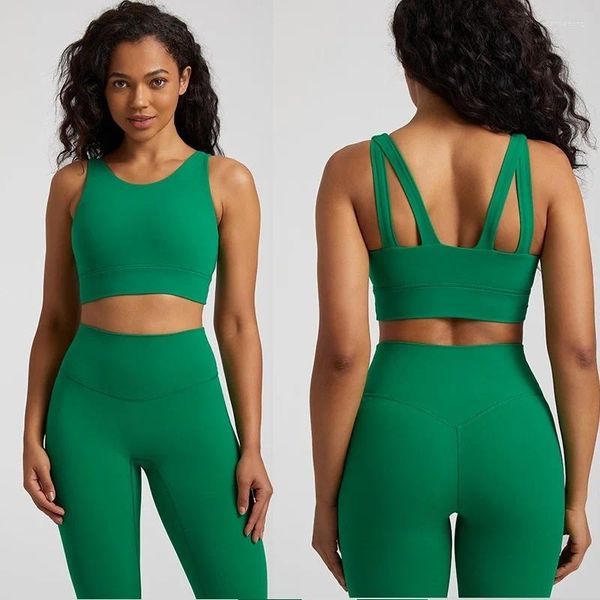 Yoga roupa cor pura gola alta alça sem costas push-up sutiã esportivo almofada removível fitness roupa interior suporte de ombro sexy mulheres