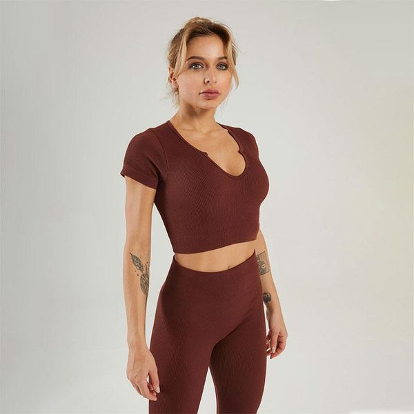 Traje de yoga Ropa deportiva acanalada Ropa de gimnasia Conjunto deportivo Mujeres Entrenamiento de dos piezas Manga larga Top Legins Traje de fitness sin costuras Traje deportivo Yoga