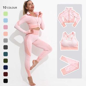 Yoga -outfit naadloze vrouwelijke yoga workout kleding gym fitness lange mouw crop top top high taille leggings sport beha p230504