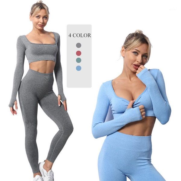 Equipo de yoga Mujeres sin fisuras 2 unids Conjunto de manga larga Crop Top Top Alto Cintura Leggings Sports Trajes Damas Entrenamiento Gimnasio Ropa de fitness