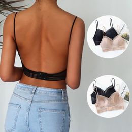 Yoga -outfit sexy backless bra kanten diep u lage rug bralette dunne cup brassiere halter zacht naadloze elastische ondergoedtanktops encaje mujer