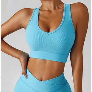 Yoga -outfit sexy v nek racerback geribbelde sportbeha's vrouwen brede riem naakt feel gym workout fitness crop tops met verwijderbaar borstkussen