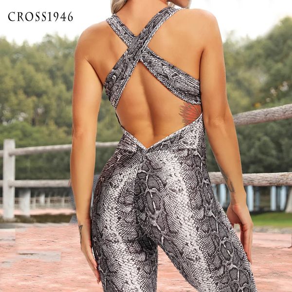 Traje de yoga Patrón de serpiente Estampado de mujeres Conjunto Halter Traje deportivo Sin espalda Mono sexy Cintura alta Caderas Pantalones Fitness Chándal 231005