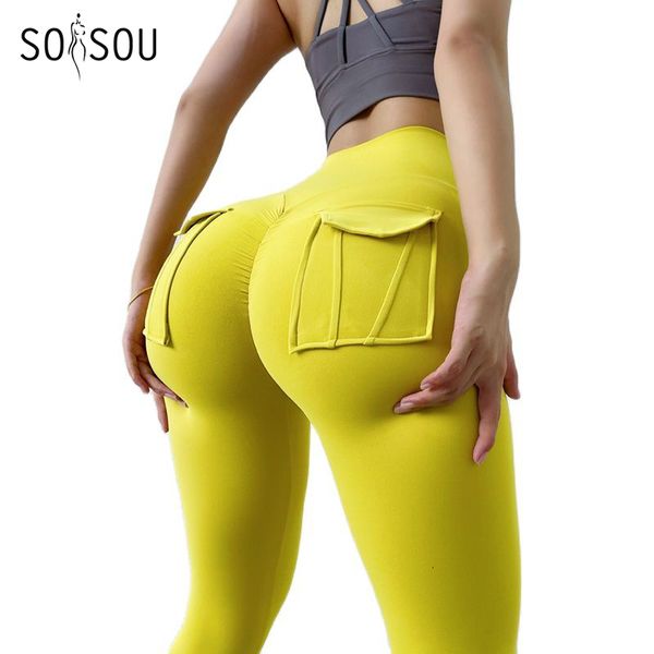 Yoga Outfit SOISOU Nylon Leggings Damen Hosen Sport Sexy Enge Hohe Taille Elastische Höschen Tasche Leggings Mujer 230830