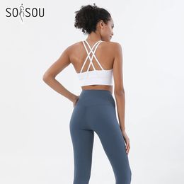 Yoga-outfit SOISOU Nylon Set Dames trainingspak Gym Fitness Vrouw 2-delige leggings Sportbeha Ademend Sportkleding Kleding 231212