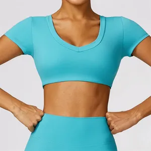 Tenue de yoga Couleur unie Col V Soutien-gorge Femmes Haute intensité Manches courtes Gym Top Vêtements Fitness Courir Chemise d'entraînement