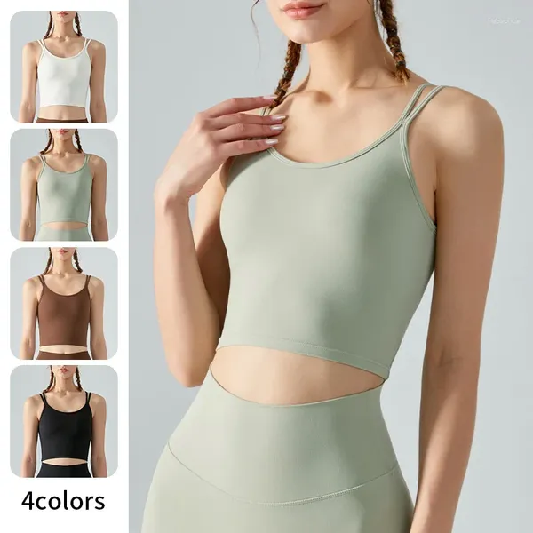 Traje de yoga Ropa interior deportiva con correas dobles delgadas Sujetador de cojín de pecho fijo integrado Chaleco halter de alta elasticidad Ropa de fitness