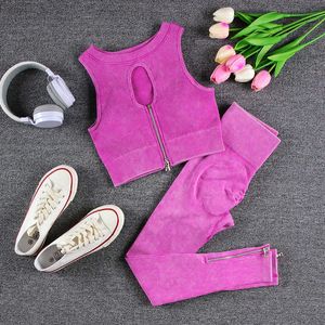 Yoga -outfit sport yoga sets roze rode dames sportkleding slank zip vest hoge taille fitness broek gym naadloze set vrouw 2 stuks p230504