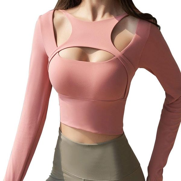 Traje de yoga Primavera y otoño Camisa de gimnasio Mujeres Sexy Fake Sport Tops Fitness Running Shirts Camiseta de manga larga con almohadilla para el pecho