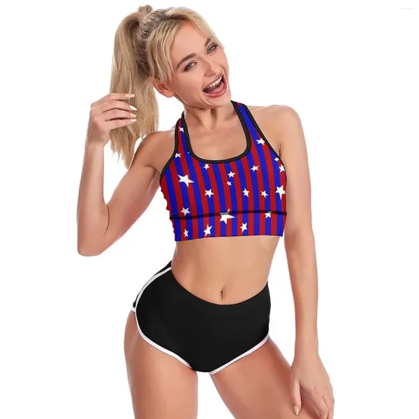 Yoga Outfit Stars et soutien-gorge de sport rayé rouge bleu col en U actif renforcé Raceback Crop Bras en cours d'exécution haut respirant pour les femmes