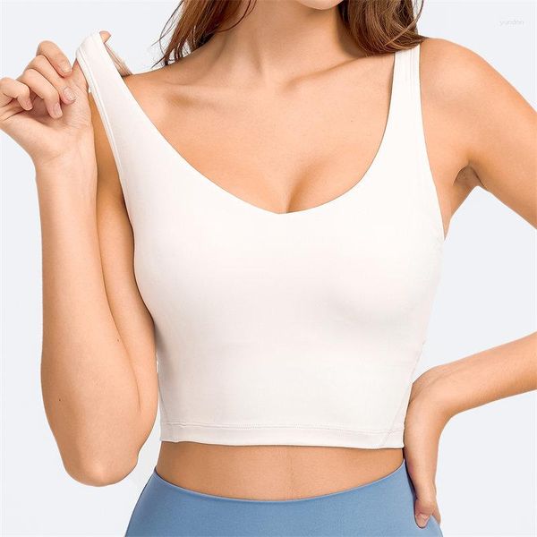 Traje de yoga Camiseta sin mangas con estante Sujetador incorporado Cultivo Acolchado extraíble Palangre Deportes para gimnasio