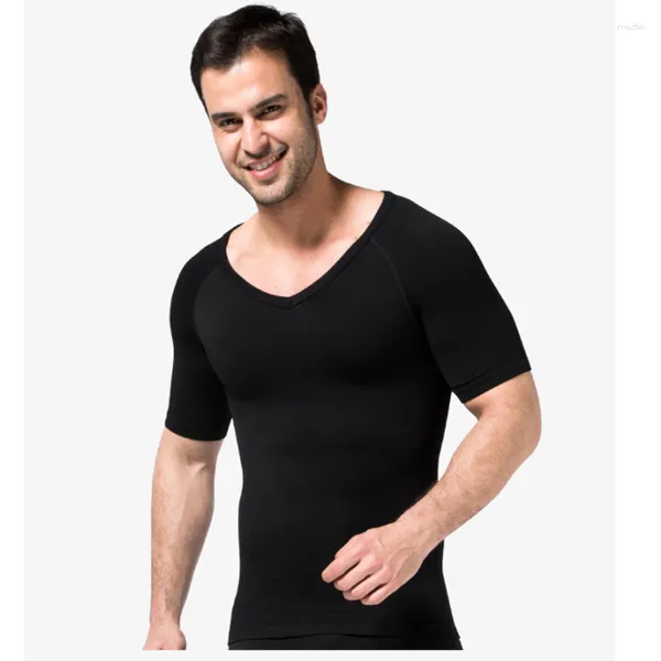 Tenue de Yoga Mince Hommes Corps Façonnant Sous-Vêtements Col En V À Manches Courtes Abdomen Serré Sans Couture Shaper Corset Soutiens-Gorge De Sport