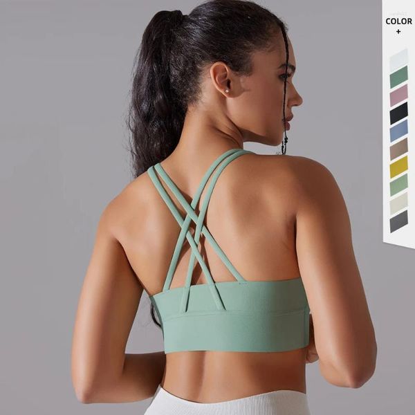 Traje de yoga con cuello en U y tirantes entrecruzados para mujer, sujetador deportivo con realce, entrenamiento atlético, acolchado, sin espalda, camisetas sin mangas cortas para gimnasio