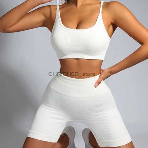 Tenue de yoga shorts de yoga côtelés blancs sets de costumes de sport sans couture vêtements d'entraînement de fitness pour femmes sportswear crop haut de gym