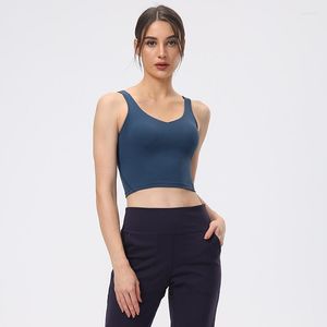 Yoga -outfit met logo vrouwen uitlijnen Solid V Neck Sport Bra U Shape Sexy Running Vest Workout Tank Gym Tops Chest Pad Fitness Active Wear
