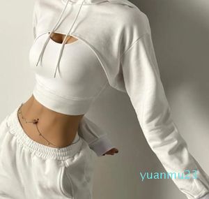 Traje de yoga Mujeres Fitness Crop Top Algodón Camisas deportivas Mangas largas Sudadera con capucha Sudadera Gimnasio Entrenamiento Camisetas