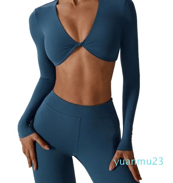 Yoga Outfit Femmes Manches Longues Compression Légère Recadrée Twist T-shirts Couleur Unie Gym Entraînement Courir Haut De Sport