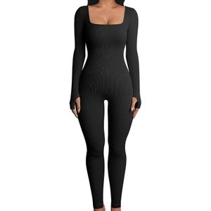 Yoga -outfit vrouwen met lange mouwen yoga jumpsuits massieve kleur vierkante nek dunne lange rompers vrouwelijke training hardloop fitness outfit sportkleding p230504