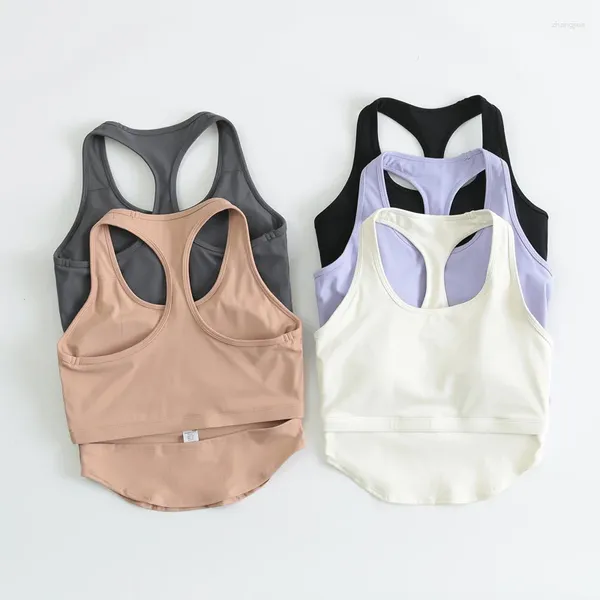 Equipo de yoga Racerback de mujer Longline Sports Bras Construido en sujetador Top Push Up Entrenamiento Recorte Atrás Dobladillo curvado Fitness Crop Tank Tops