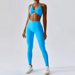 Yoga Outfit Survêtement pour femmes sans couture Yoga ensemble 2 pièces vêtements d'entraînement vêtements de sport cordon taille haute Leggings Fitness costumes de sport 231207