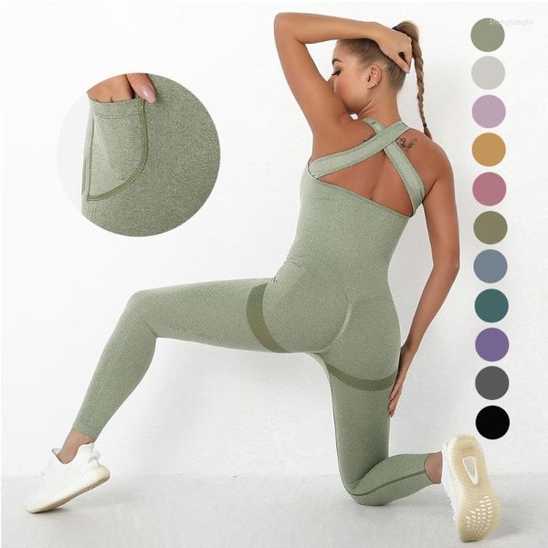 Yoga Outfit Femmes Seamless Set 2022 Sexy Body One-Piece Skinny Sports Suit Peach Hip Up Leggings Sportswear Workout Survêtement