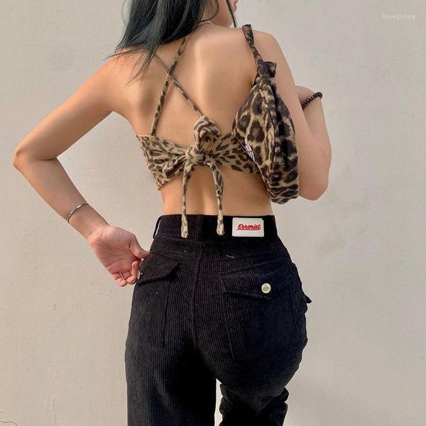 Traje de yoga Sujetador deportivo para mujer Leopardo sin mangas Sexy Cool Chest Pad Chaleco femenino Ropa de playa Bow-knot Cross Belt Correr Fitness Adelgazar Marea