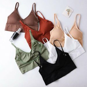 Tenue de yoga femmes rembourré plaine gilet haut court dos nu à bretelles Bralet solide décontracté sport réservoir été femme chemises