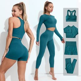 Yoga Tenues 2 3 4 PCS Seamles Set Workout Sportswear Gym Vêtements Fitness À Manches Longues Crop Top Taille Haute Leggings Costume De Sport 230308
