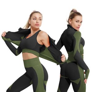 Tenues de yoga 2 3 pièces Ensemble Bar Taille haute Pantalon serré Gym Vêtements d'exercice Vêtements de sport appropriés pour femmes Veste à glissière Leggings Costume 230310