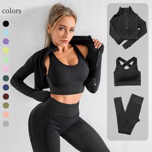 Yoga -outfits 2 3PCS Seamles Set workout Sportkleding Gym Kleding Fitness Lange mouw Crop Top High Taille Leggings Sports Suits 230310