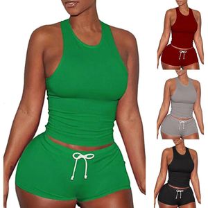 Tenues de yoga 2 pièces sexy court deux pièces costume de course pour femmes gilet sans manches haut short à cordon coton ensemble 2 pièces costume d'athlétisme pour femmes 231216