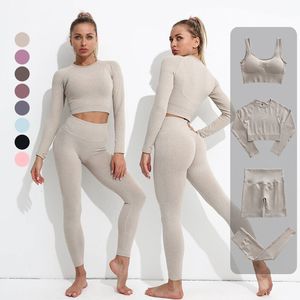 Tenues de yoga 234PCS Set pour les femmes sans couture Workout Gym Wear Fitness Vêtements de sport Costumes taille haute Leggings manches longues Crop Top 230322