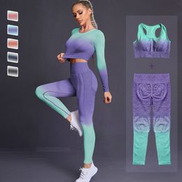 Trajes de yoga 235 UNIDS Mujeres sin costuras Conjunto de yoga Entrenamiento Ropa deportiva Gimnasio Ropa Fitness Manga larga Crop Top Cintura alta Leggings Trajes deportivos 230213