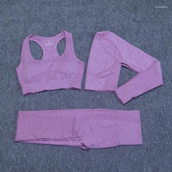 Trajes de yoga 3 PCS Ropa deportiva Mujeres Gimnasio Ropa de entrenamiento Conjunto de manga larga Fitness Cultivo Top Sin costuras Energía Leggings Deporte Brassiere Femme