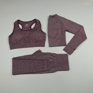 Yoga-outfits 3-delige sportpakken dames naadloze set lange mouwen fitness crop top gym leggings bh workout kleding femme